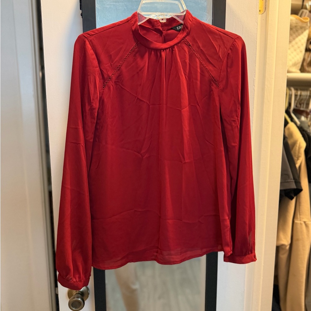Express Womens Red Long-Sleeve Mock-Neck Blouse